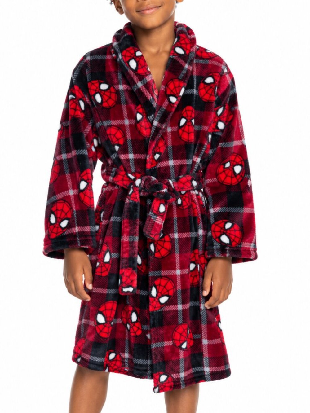 Marvel Spider-Man Plaid Plush Fleece Belted Bathrobe Loungewear Kid S (6/7)